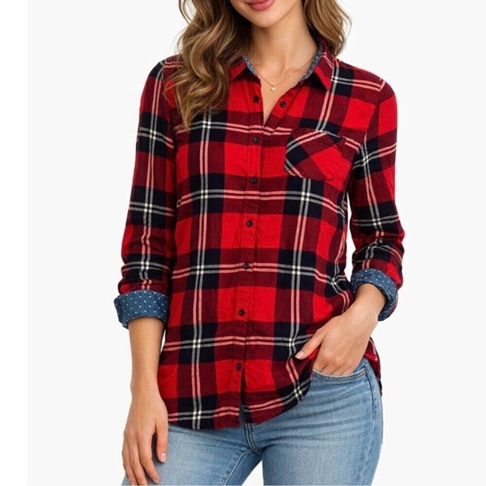 Harper red/Navy/white flannel Plaid Button-Up Shirt cuff/roll tab sleeve SZ SM
